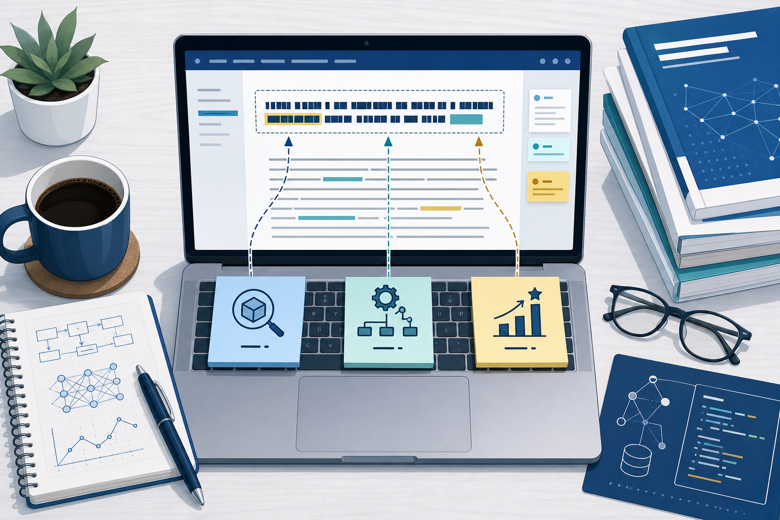 Ilustrasi penyusunan judul artikel ilmiah informatika dengan laptop, catatan metode, objek, dan kontribusi penelitian.
